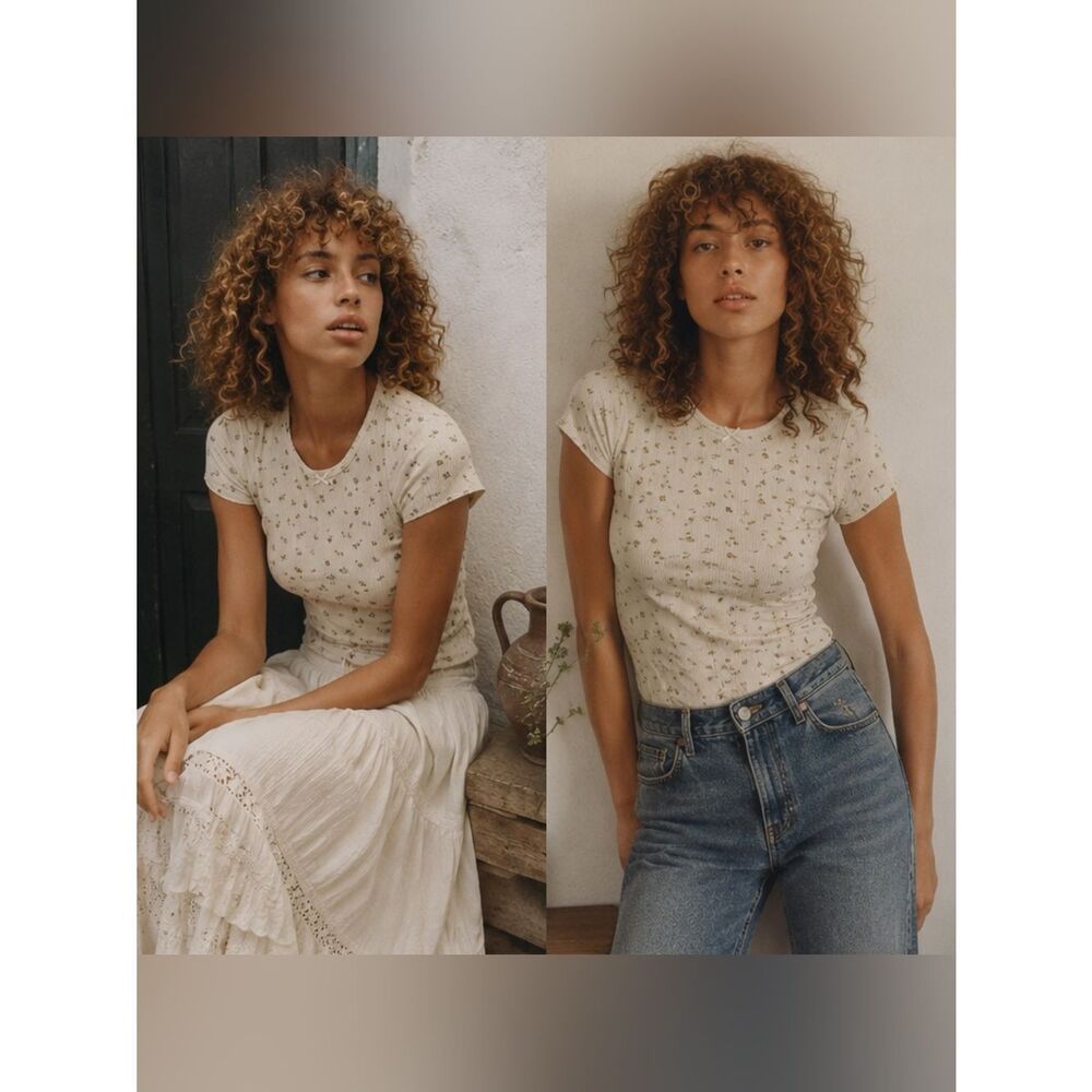 Doen Cream Floral Short Sleeve Rib Tee - Picture 3 of 6